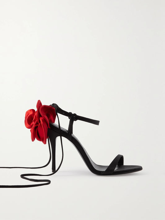 Appliquéd Lace-up Satin Sandals