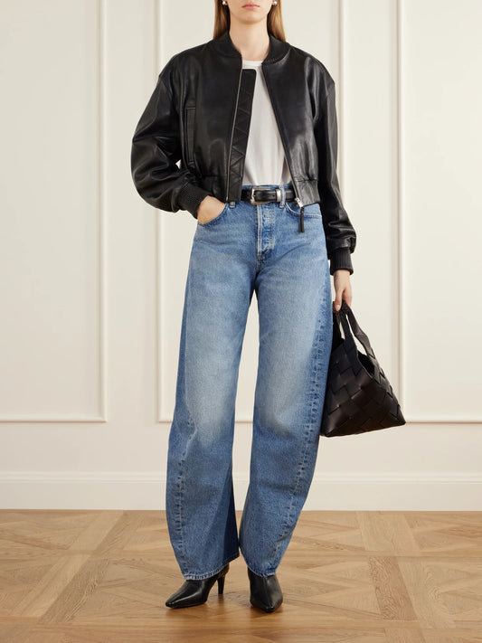 Image of Jeans. Product name - Spiral Mid-rise Barrel-leg Jeans in Mid denim, Black colour by brand - AGOLDE