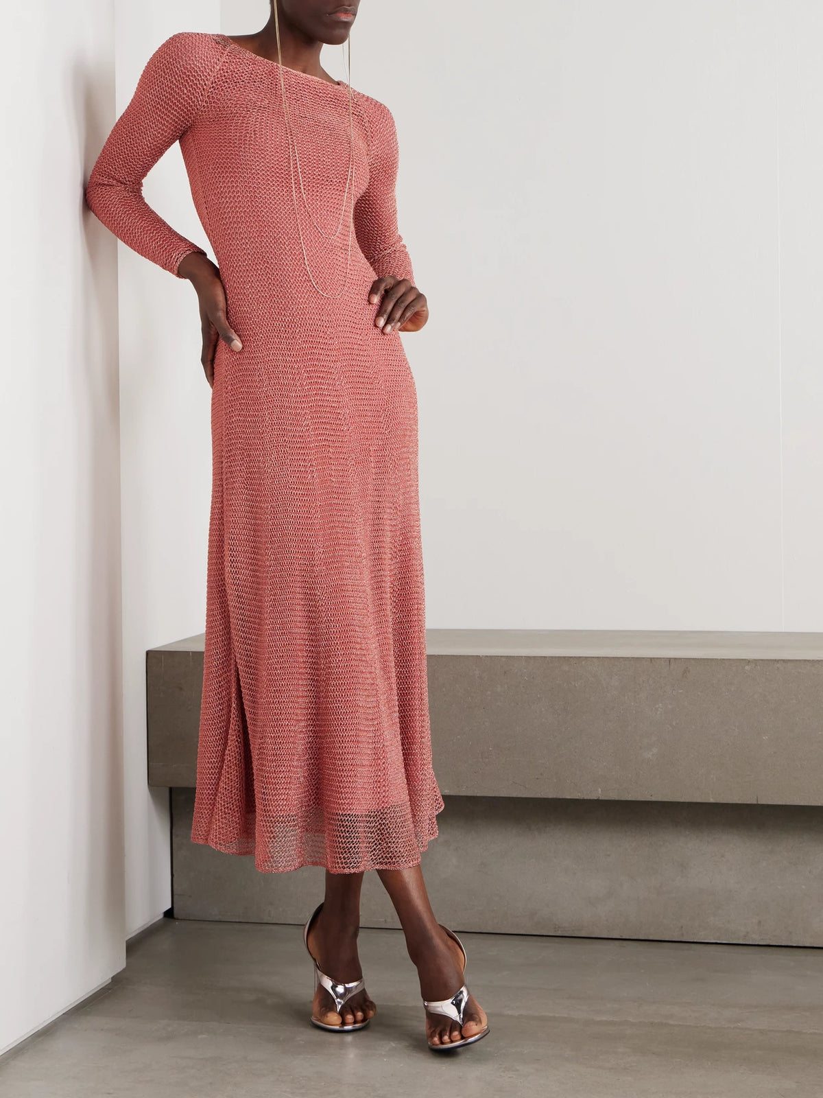 Image of Dresses. Product name - Metallic Open-knit Midi Dress in Pink colour by brand - Alaïa
