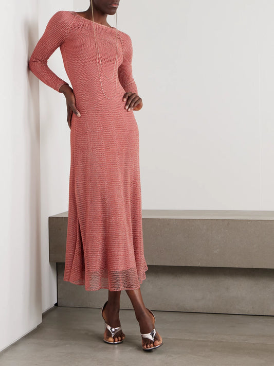 Image of Dresses. Product name - Metallic Open-knit Midi Dress in Pink colour by brand - Alaïa