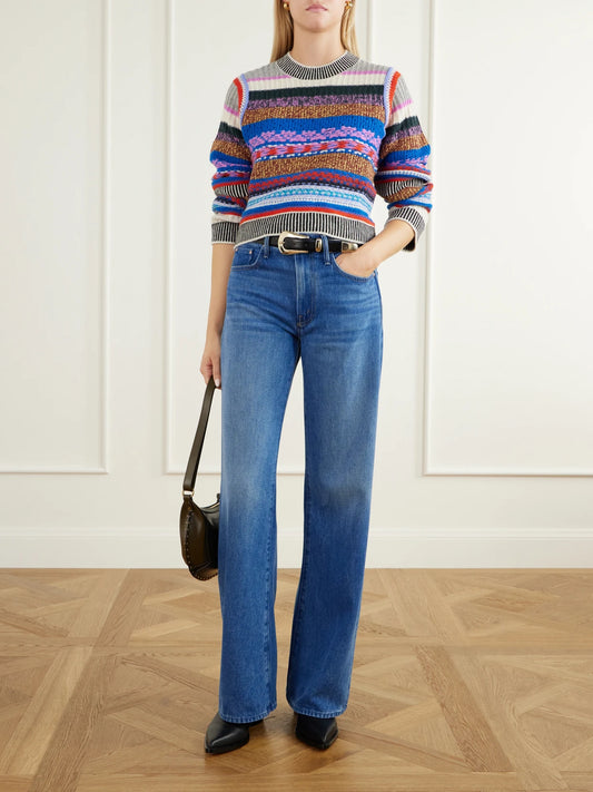 Image of a model wearing Outerwear. Product name - The Extra Crop Striped Alpaca And Wool-blend Sweater in Multi colour by brand - Mother