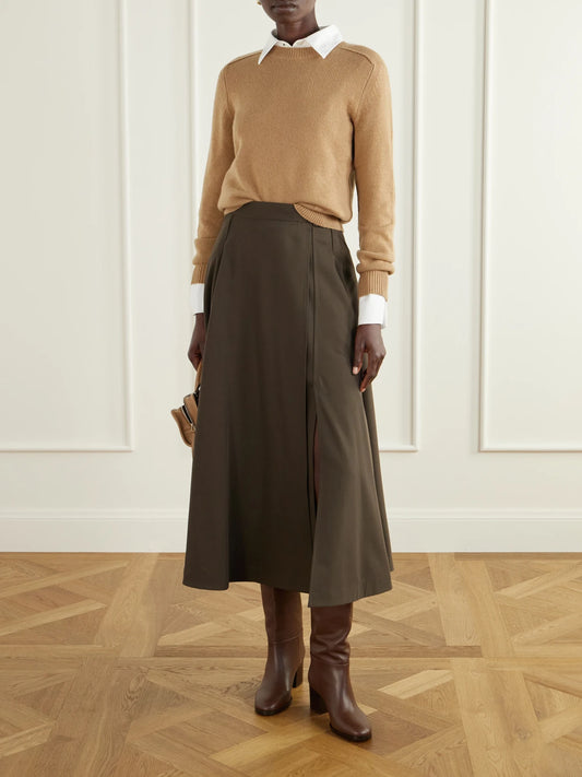 Image of a model wearing Outerwear. Product name - Cashmere-blend Sweater in Tan colour by brand - Burberry