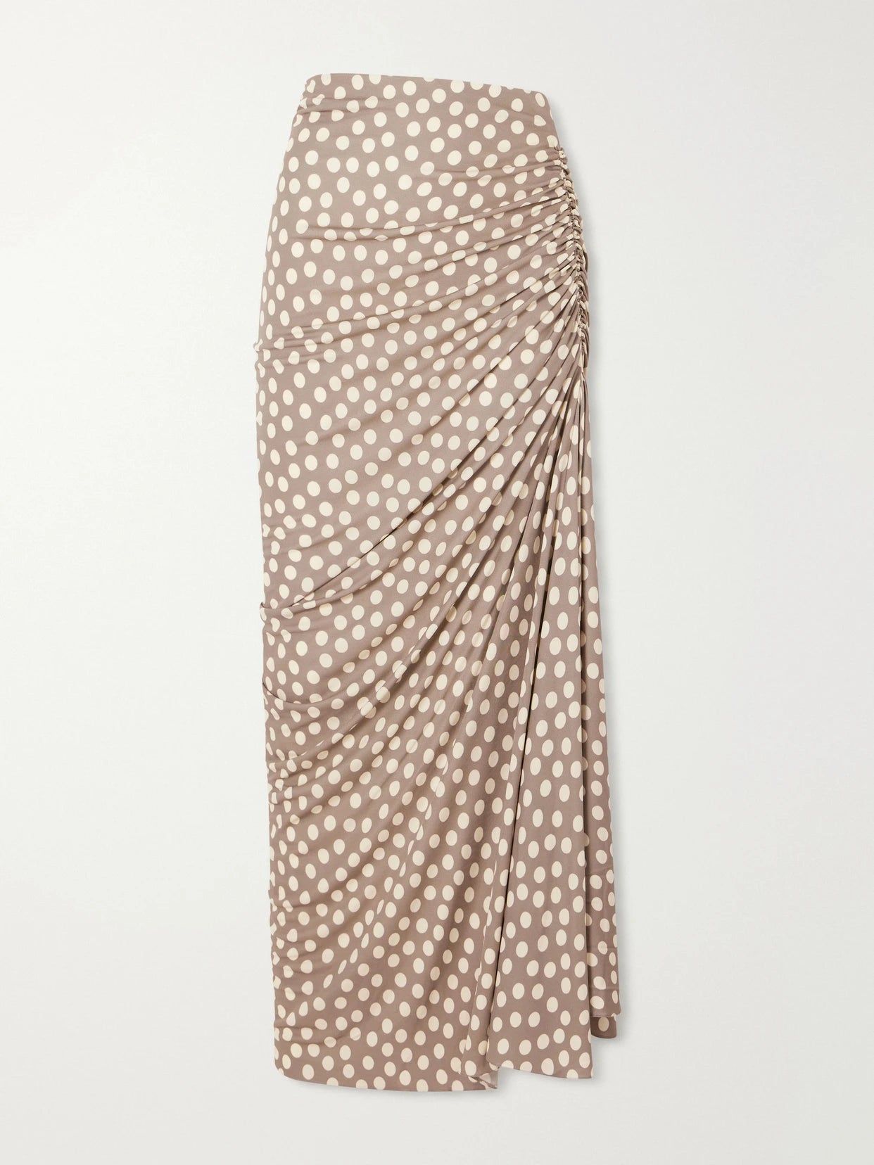 Image of a model wearing Skirts. Product name - Gathered Polka-dot Jersey Midi Skirt in Taupe colour by brand - Alaïa