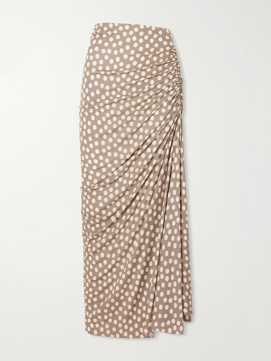 Image of a model wearing Skirts. Product name - Gathered Polka-dot Jersey Midi Skirt in Taupe colour by brand - Alaïa
