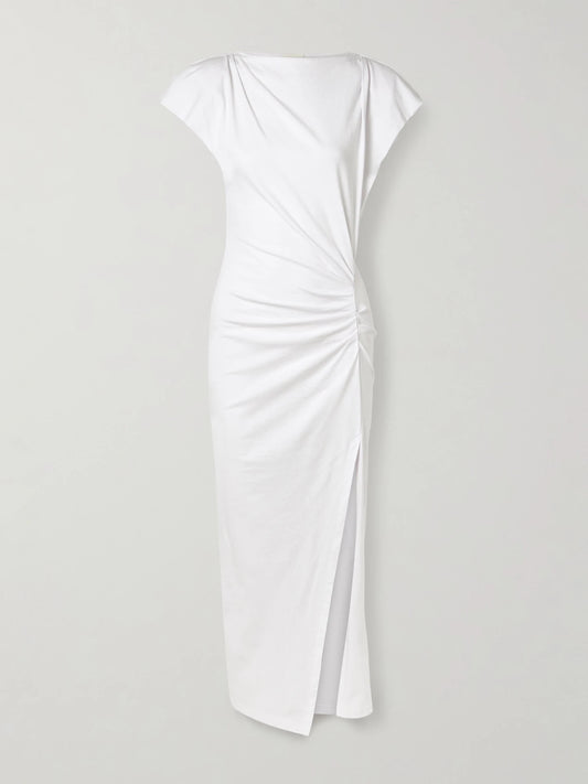 Image of Dresses. Product name - Nadela Asymmetric Gathered Cotton-jersey Maxi Dress in White colour by brand - ISABEL MARANT