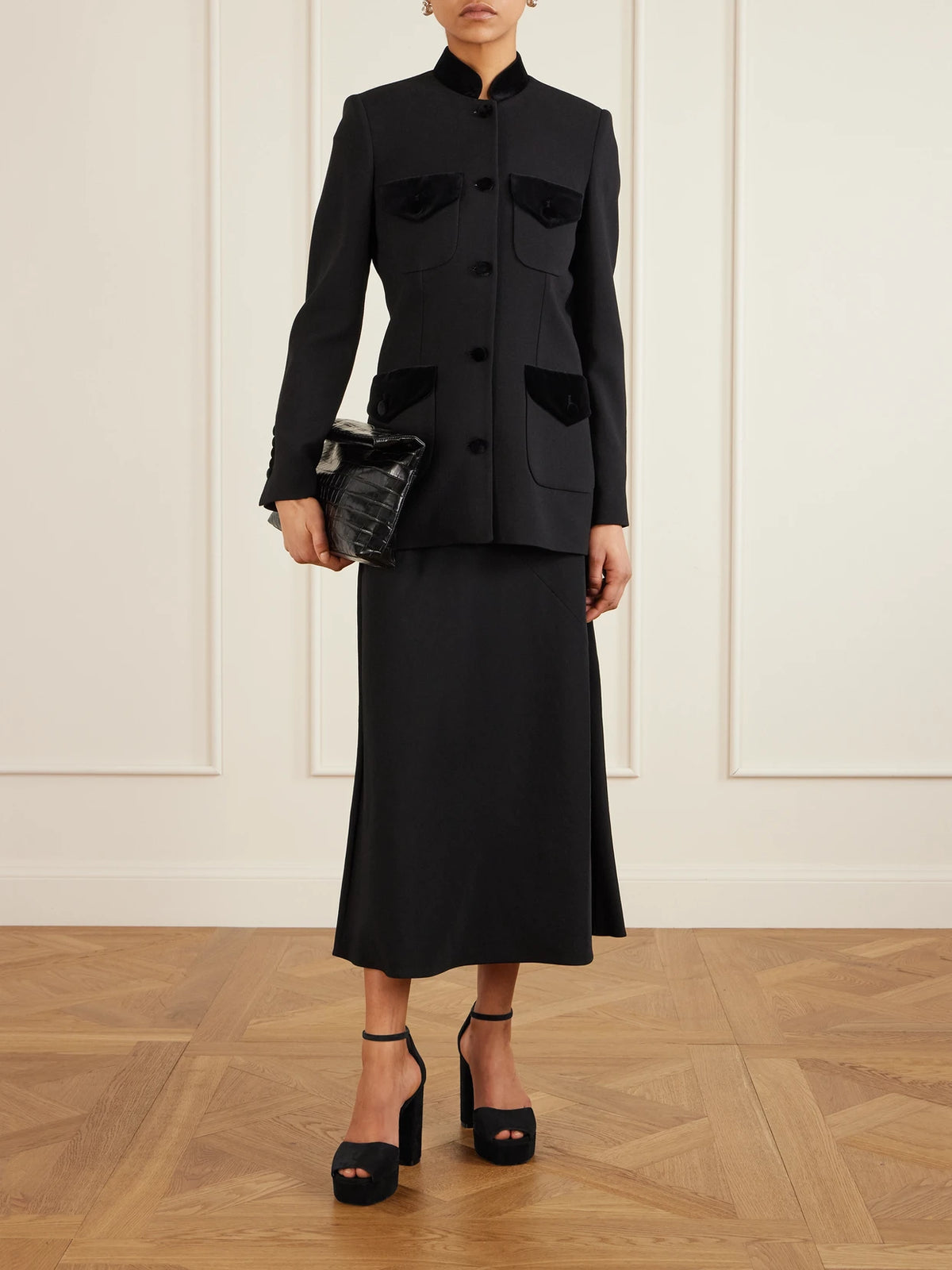Image of Heels. Product name - Suede Platform Sandals in Black colour by brand - Stuart Weitzman