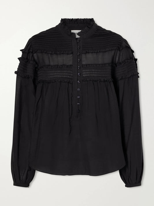 Image of a model wearing Tops. Product name - Doane Ruffled Cotton-blend Voile Blouse in Black colour by brand - MARANT ÉTOILE