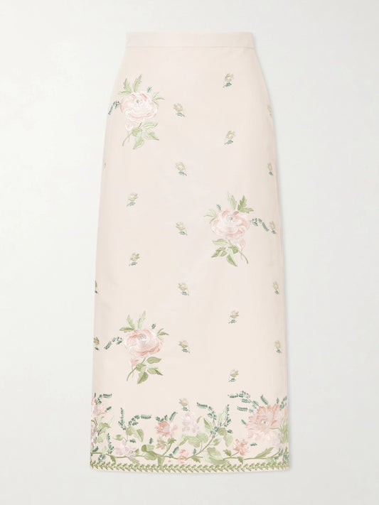 Image of a model wearing Skirts. Product name - Floral-embroidered Cotton-faille Midi Skirt in Pink colour by brand - Erdem