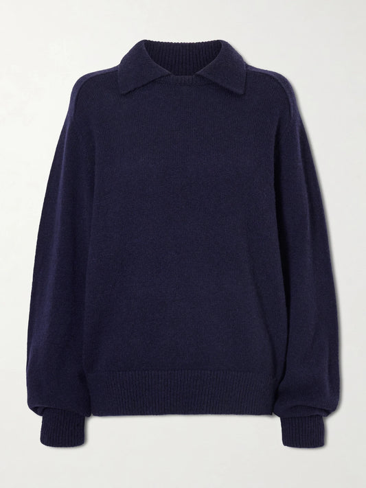 Image of a model wearing Outerwear. Product name - Jackson Wool And Cashmere Sweater in Navy colour by brand - KHAITE