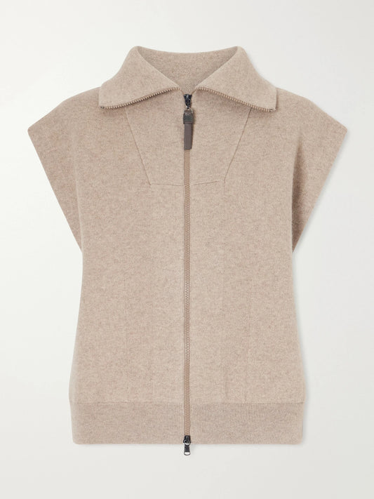 Image of a model wearing Outerwear. Product name - Cashmere-blend Zip-up Gilet in Brown colour by brand - Brunello Cucinelli