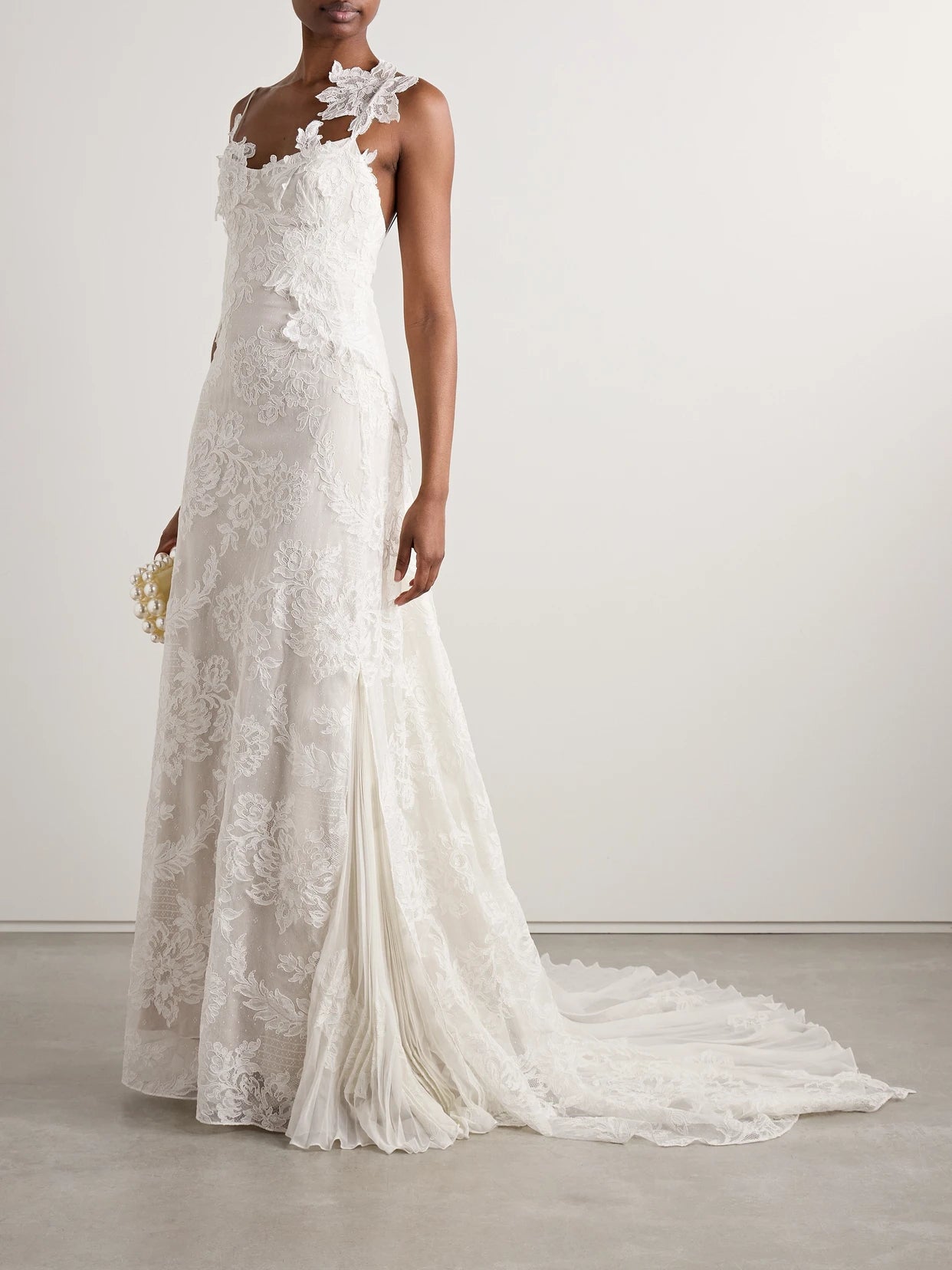 Image of Dresses. Product name - Edie Appliquéd Silk Chiffon-trimmed Cotton-blend Corded Lace Gown in Off-white colour by brand - Danielle Frankel