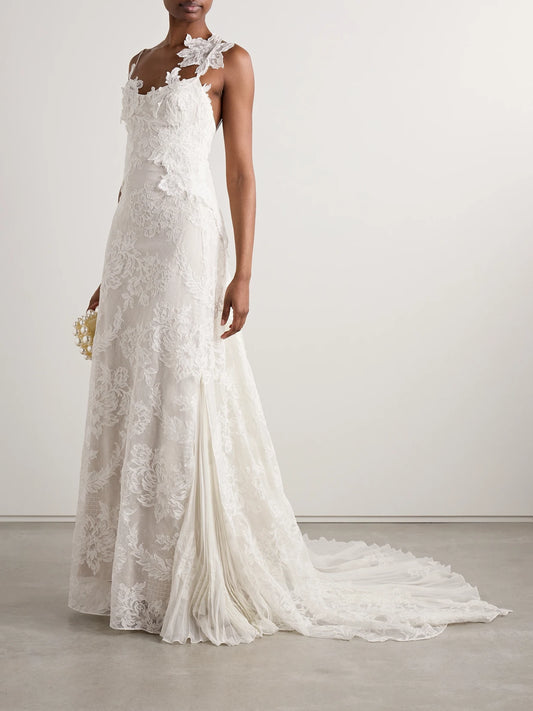 Image of Dresses. Product name - Edie Appliquéd Silk Chiffon-trimmed Cotton-blend Corded Lace Gown in Off-white colour by brand - Danielle Frankel
