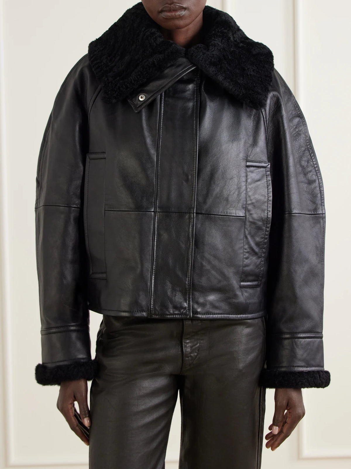 Sportmax Salve Belted Plush-trimmed Leather Jacket