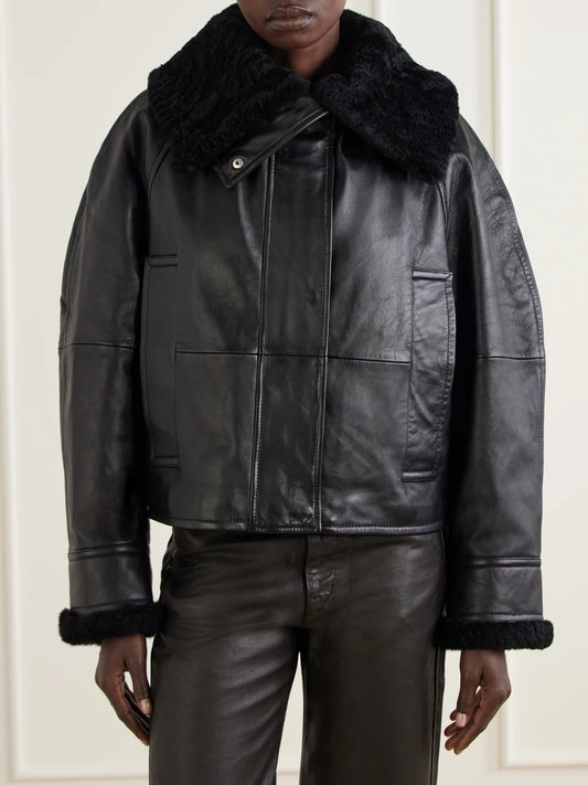 Sportmax Salve Belted Plush-trimmed Leather Jacket