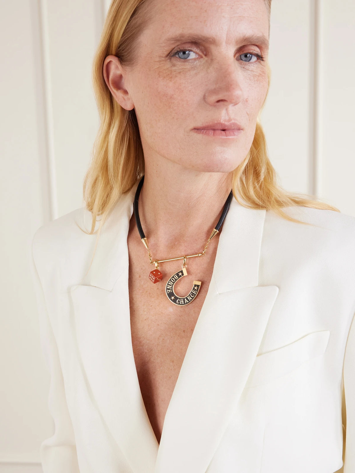 Image of Necklaces. Product name - Lasso, Jasper Dado And Bonne Chance Jumbo 18-karat Gold, Ebony And Diamond Leather Necklace in Red colour by brand - Marie Lichtenberg
