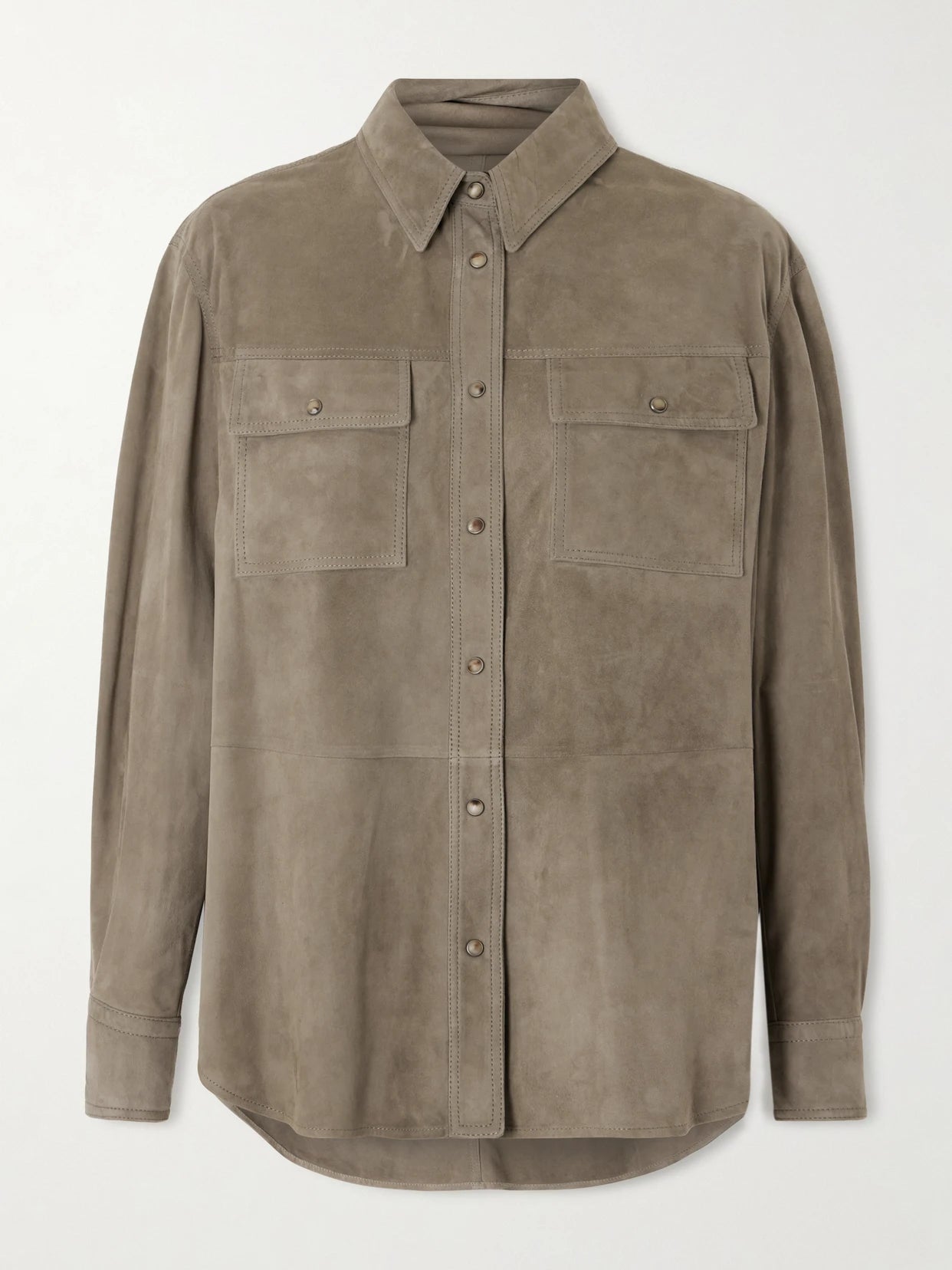 Image of Coats & Jackets. Product name - Suede Overshirt in Army green colour by brand - Brunello Cucinelli