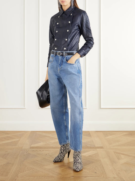 Image of a model wearing Tops. Product name - Valdy Paneled Leather Shirt in Navy colour by brand - ISABEL MARANT