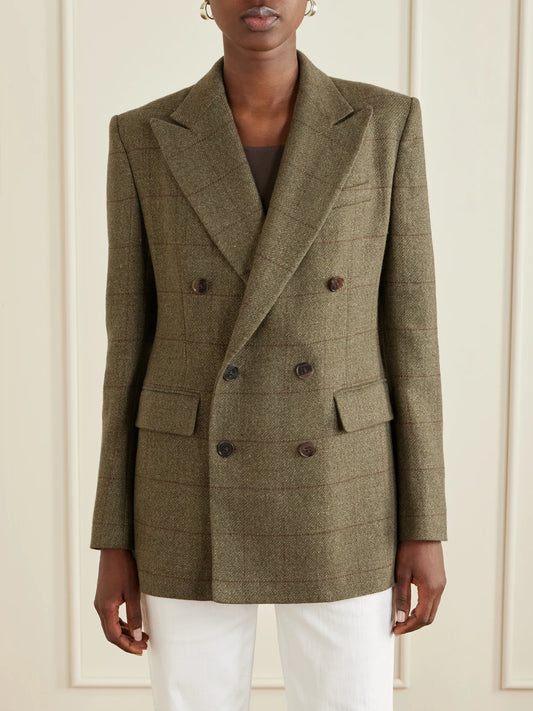 Ralph Lauren Collection Ramona Double-breasted Windowpane Linen, Cashmere And Silk-blend Blazer