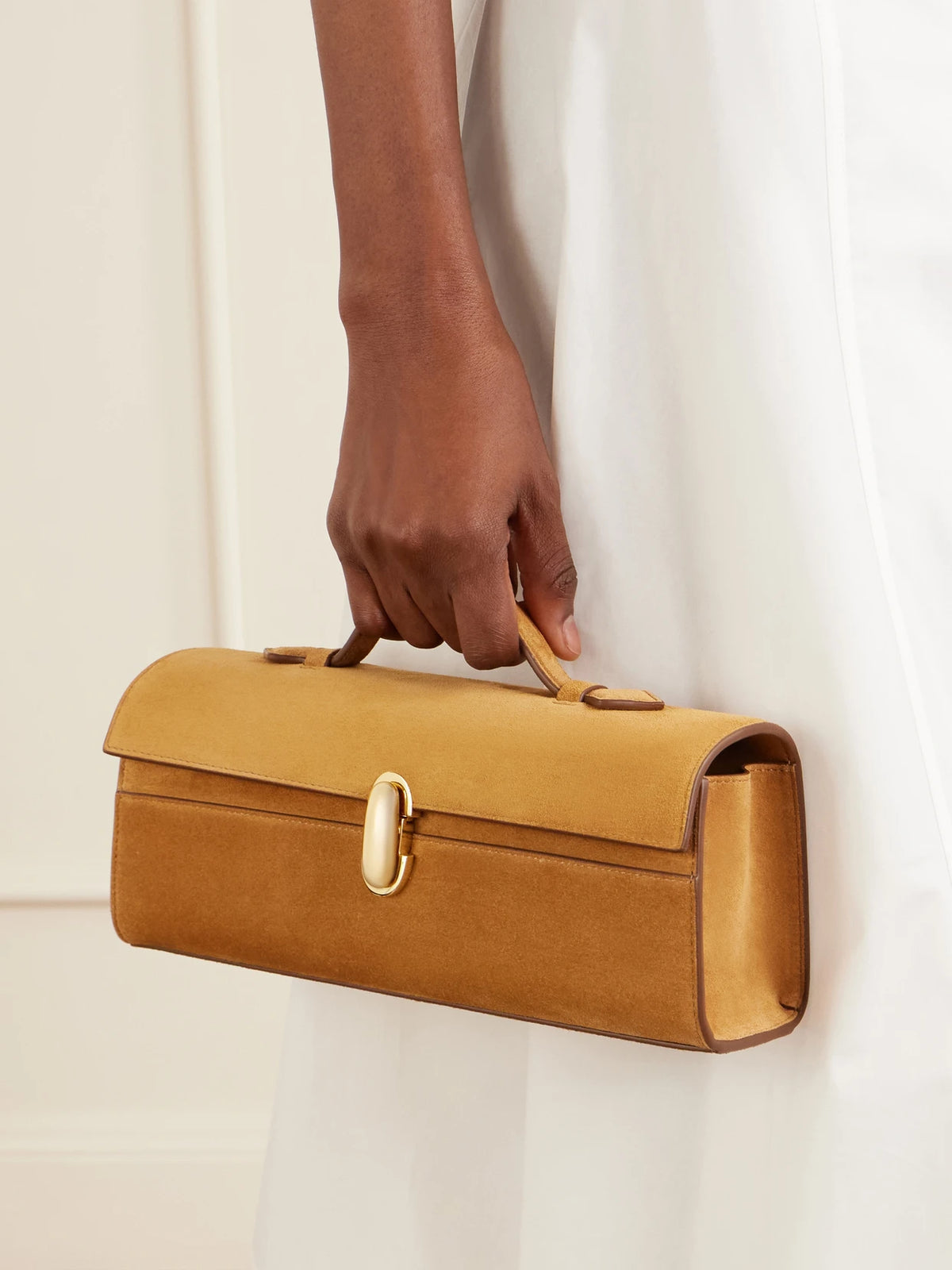 Image of Bags. Product name - Slim Symmetry Suede Clutch in Tan colour by brand - Savette