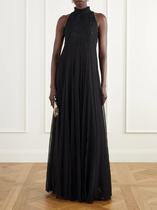Image of Dresses. Product name - Virana Pleated Lace-trimmed Silk-blend Georgette Gown in Black colour by brand - Costarellos