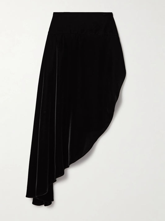 Image of a model wearing Skirts. Product name - Asymmetric Velvet Skirt in Black colour by brand - Alaïa