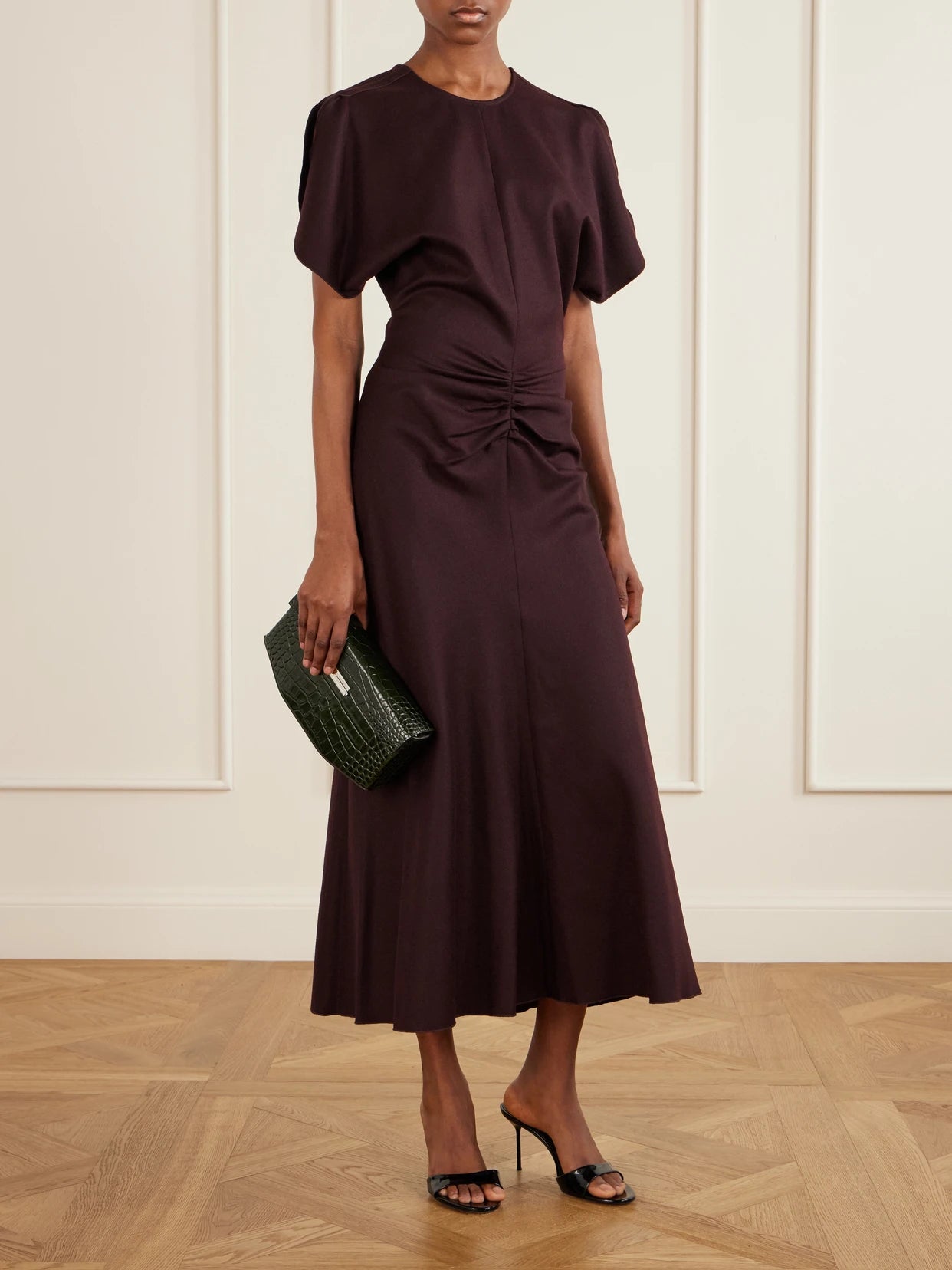 Image of Dresses. Product name - Bela Draped Wool Midi Dress in Burgundy colour by brand - Victoria Beckham