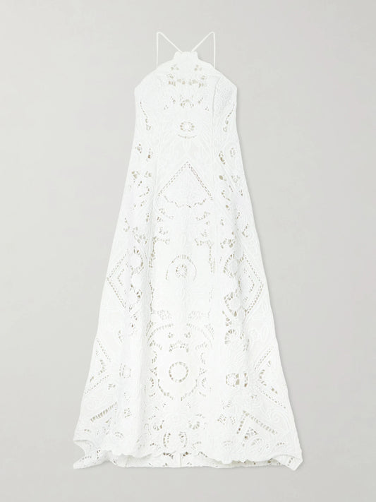 Image of Dresses. Product name - Emmy Embroidered Cut-out Linen Maxi Dress in Off-white colour by brand - Cult Gaia