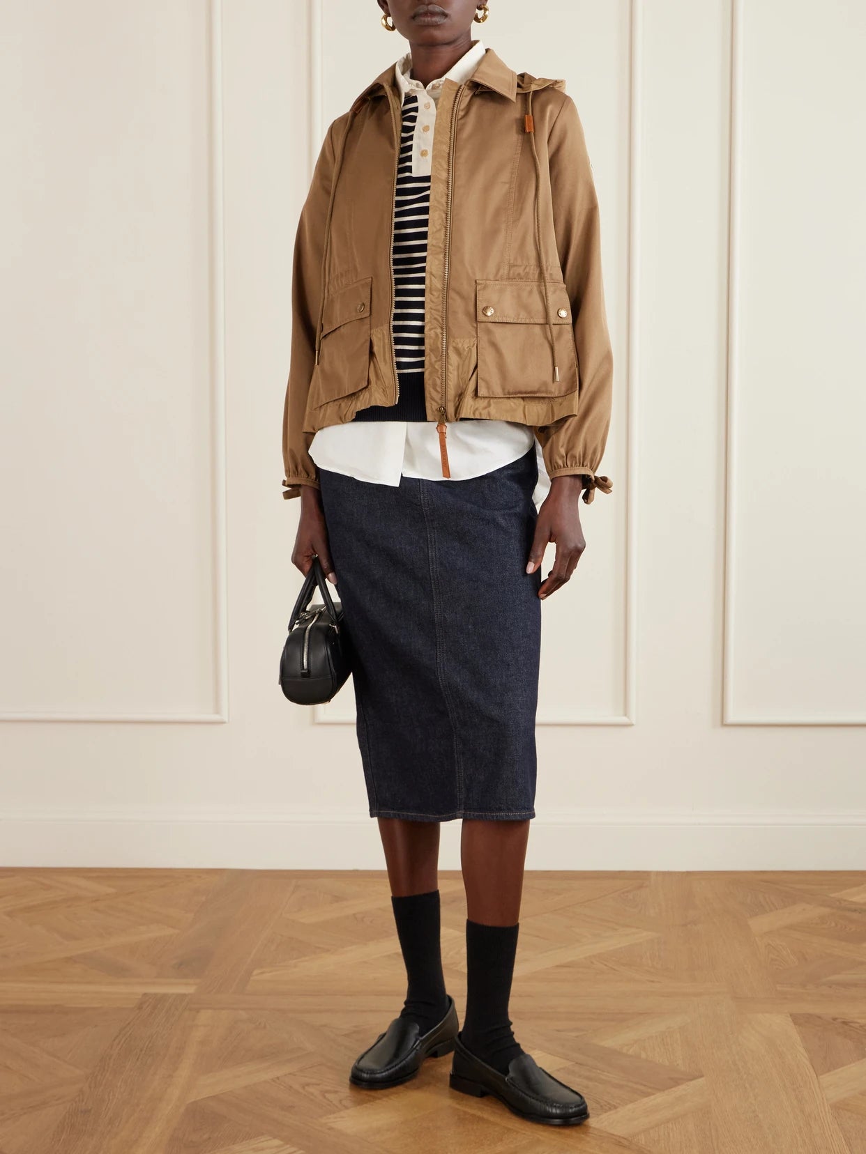 Image of Coats & Jackets. Product name - Adenium Cropped Hooded Shell-paneled Gabardine Jacket in Brown colour by brand - Moncler