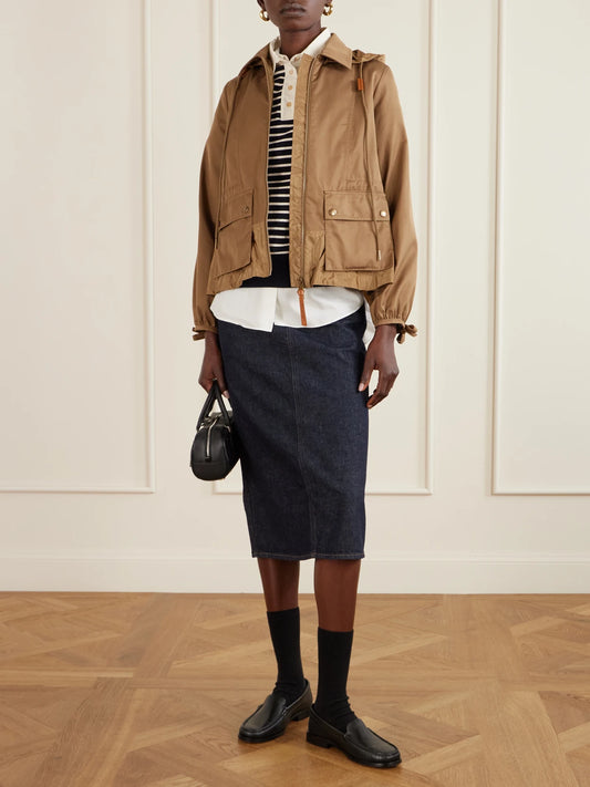 Image of Coats & Jackets. Product name - Adenium Cropped Hooded Shell-paneled Gabardine Jacket in Brown colour by brand - Moncler