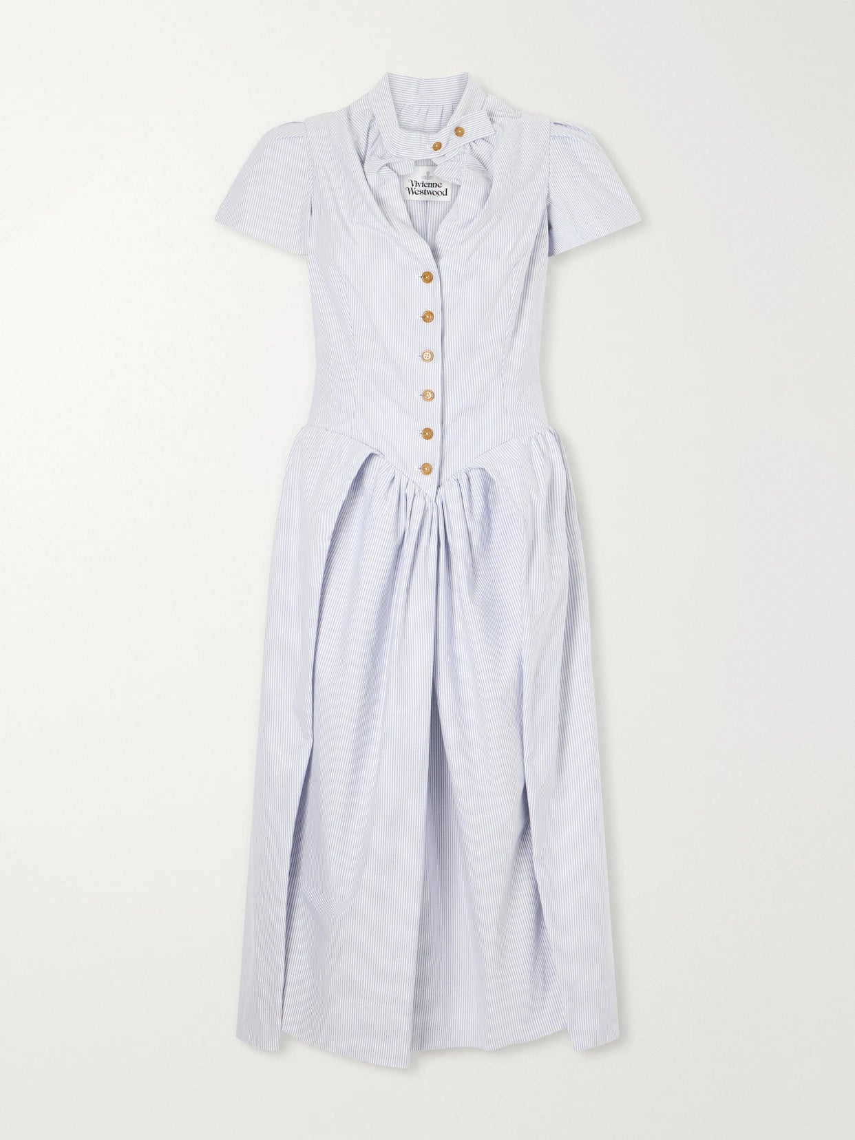 Pleated Striped Cotton Oxford Midi Dress