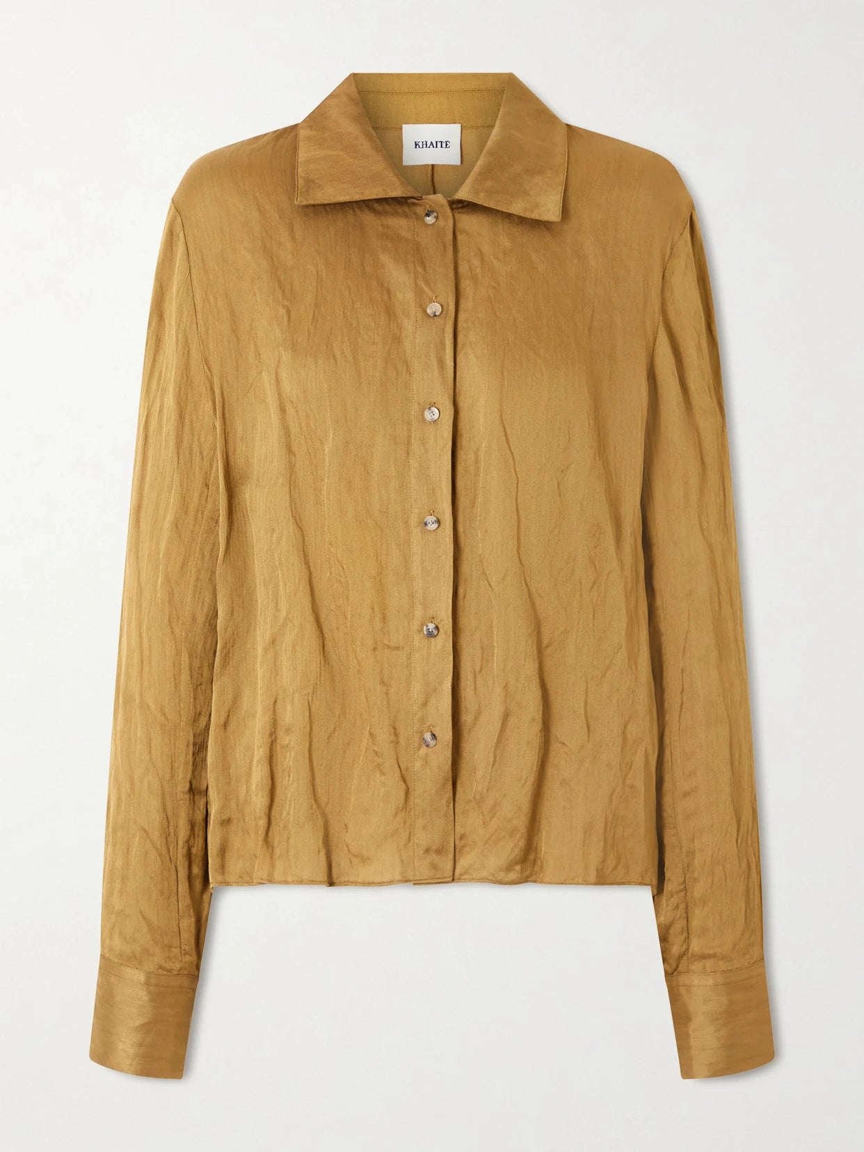 Image of a model wearing Tops. Product name - Jaylin Crinkled-voile Shirt in Gold colour by brand - KHAITE