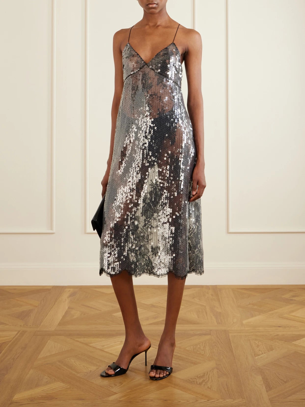 Image of Dresses. Product name - Aya Lace-trimmed Sequin Midi Dress in Black colour by brand - Veronica de Piante