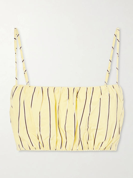 Image of a model wearing Tops. Product name - Fiore Striped Cotton-blend Top in Pastel yellow colour by brand - STAUD