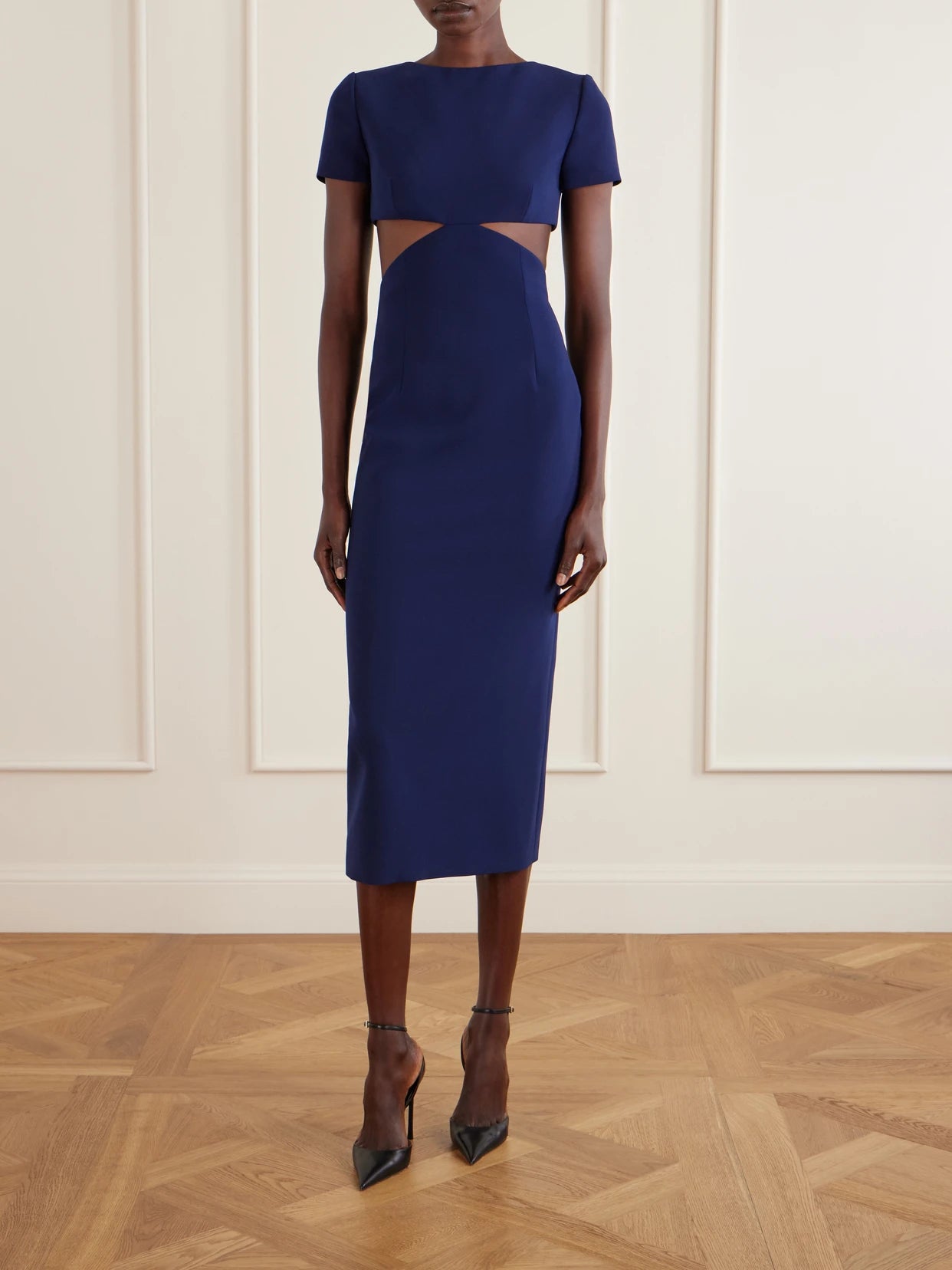 Image of Dresses. Product name - Bow-embellished Cut-out Crepe Midi Dress in Navy colour by brand - Carolina Herrera