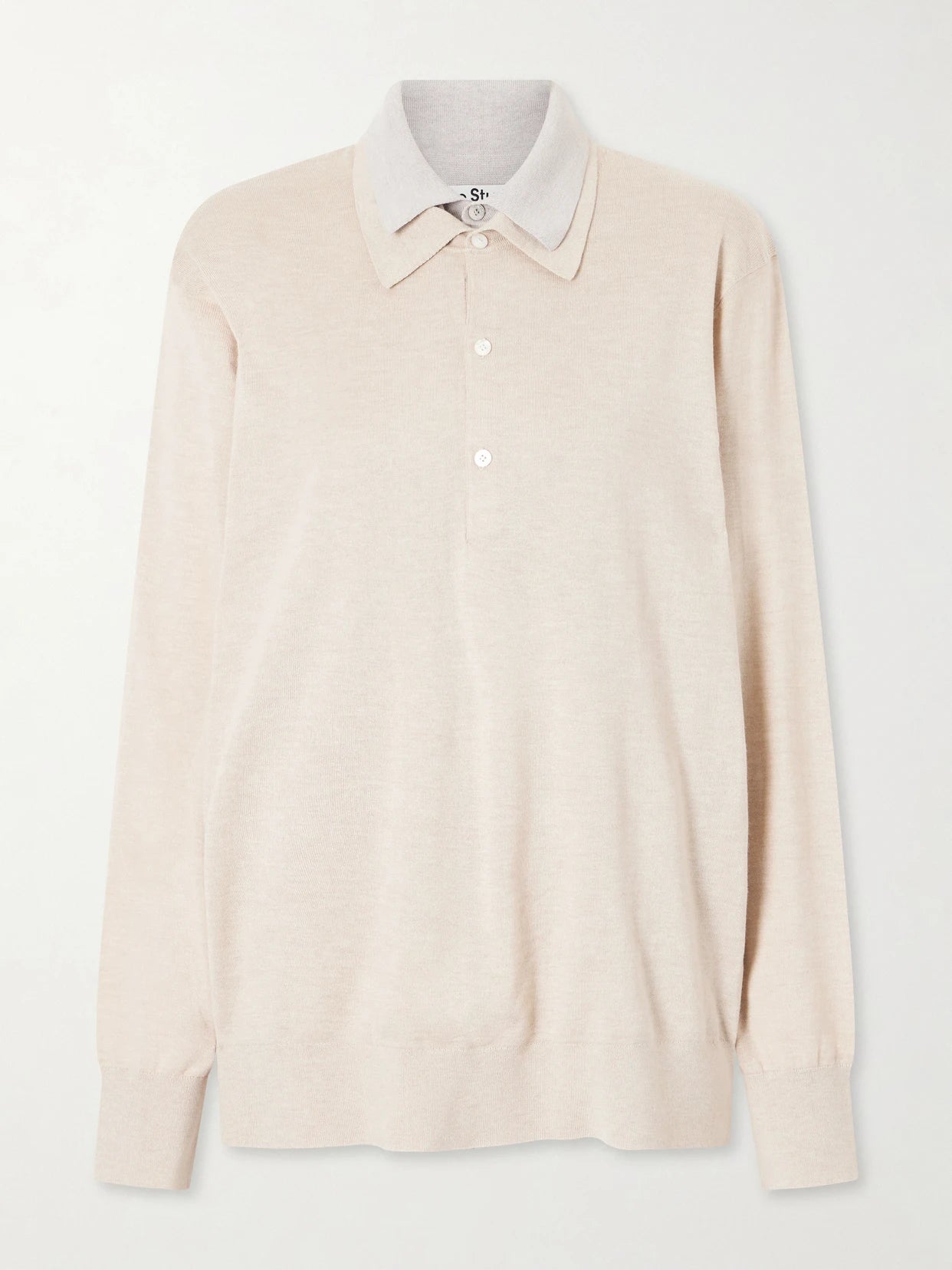 Image of a model wearing Outerwear. Product name - Layered Silk-blend Polo Sweater in Cream colour by brand - Acne Studios