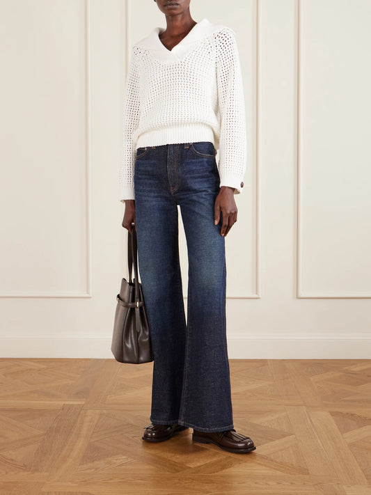 Image of a model wearing Outerwear. Product name - Open-knit Cotton-blend Sweater in White colour by brand - Brunello Cucinelli