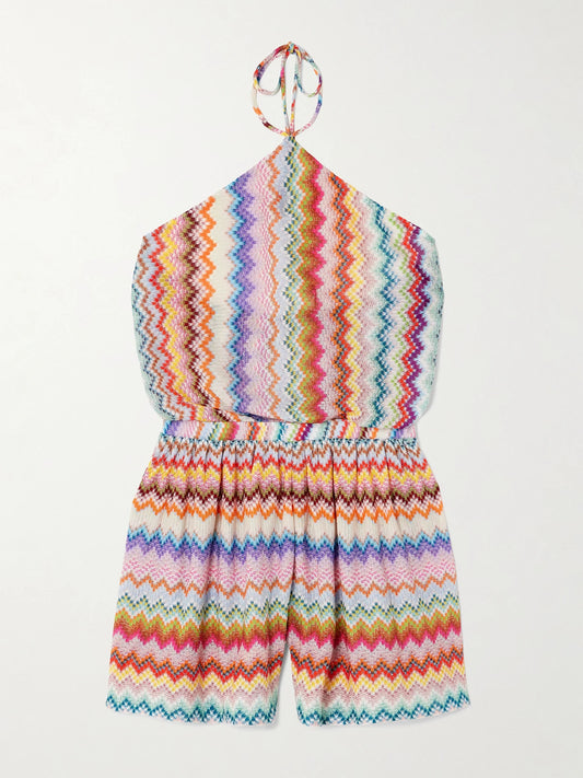 Image of Bodysuits. Product name - Mare Striped Metallic Crochet-knit Halterneck Playsuit in Multi colour by brand - Missoni