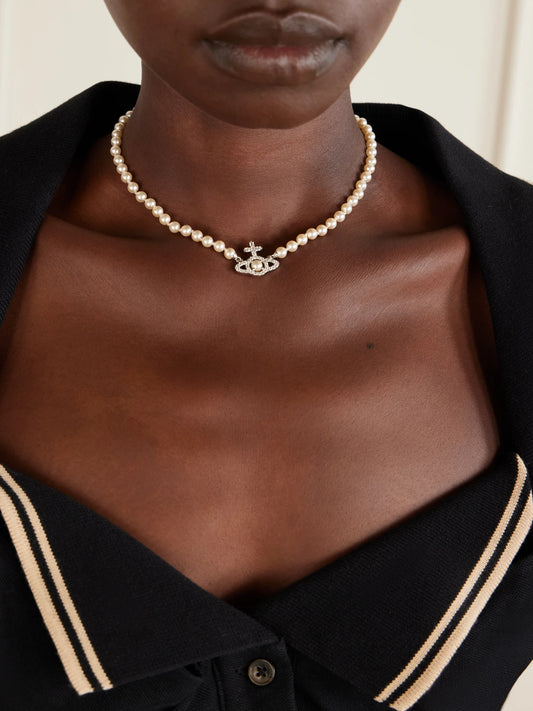 Image of Necklaces. Product name - Olympia Platinum, Quartz And Pearl Necklace in Silver colour by brand - Vivienne Westwood