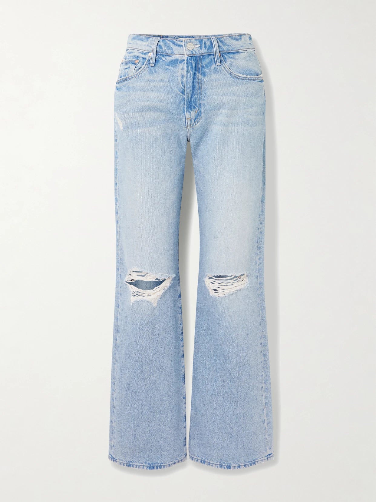Image of Jeans. Product name - Maven Sneak Distressed High-rise Straight-leg Jeans in Blue colour by brand - Mother