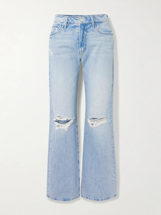 Image of Jeans. Product name - Maven Sneak Distressed High-rise Straight-leg Jeans in Blue colour by brand - Mother