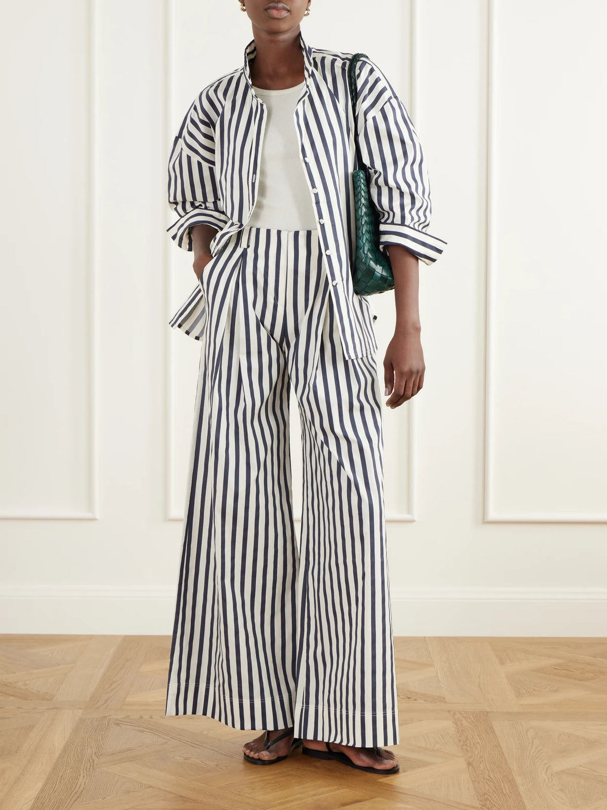 Image of Outfit Sets. Product name - Unna Pleated Striped Cotton-poplin Wide-leg Pants in Multi colour by brand - Andres Otalora