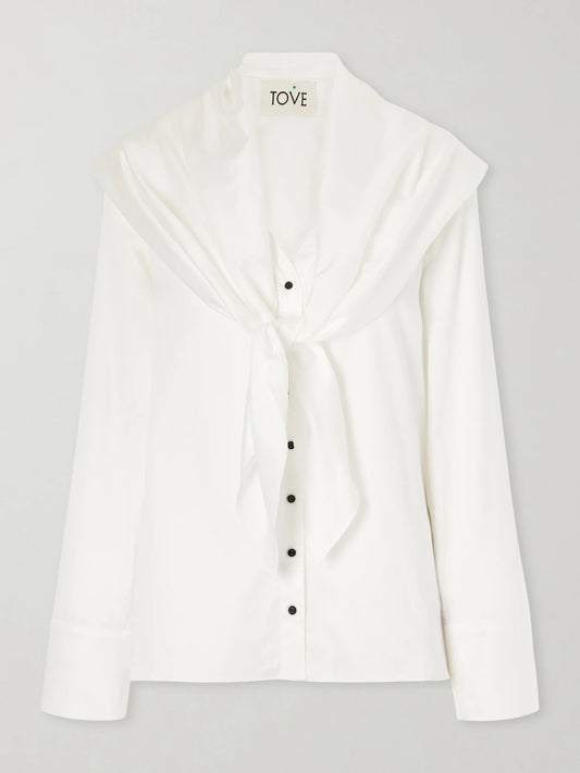 Image of a model wearing Tops. Product name - Nia Scarf-detailed Cotton-poplin Shirt in White colour by brand - TOVE