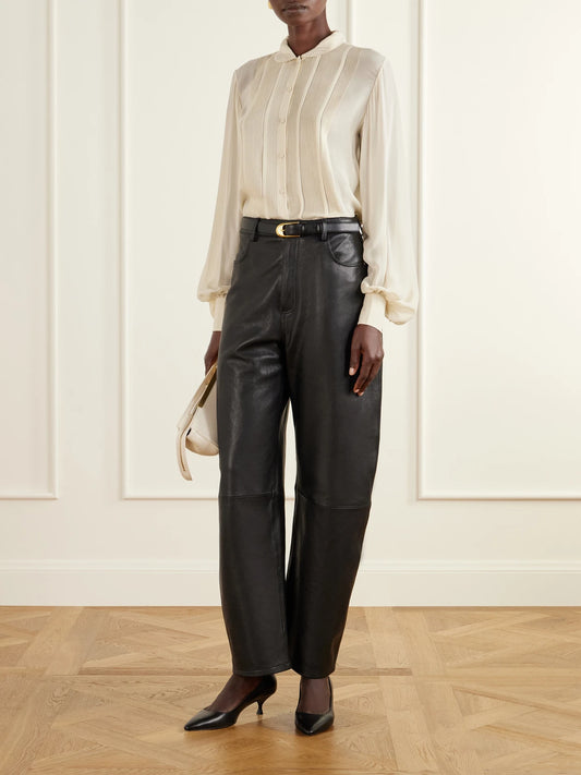 Image of a model wearing Tops. Product name - Romantic Pintucked Silk-crepe De Chine Blouse in Cream colour by brand - RÓHE