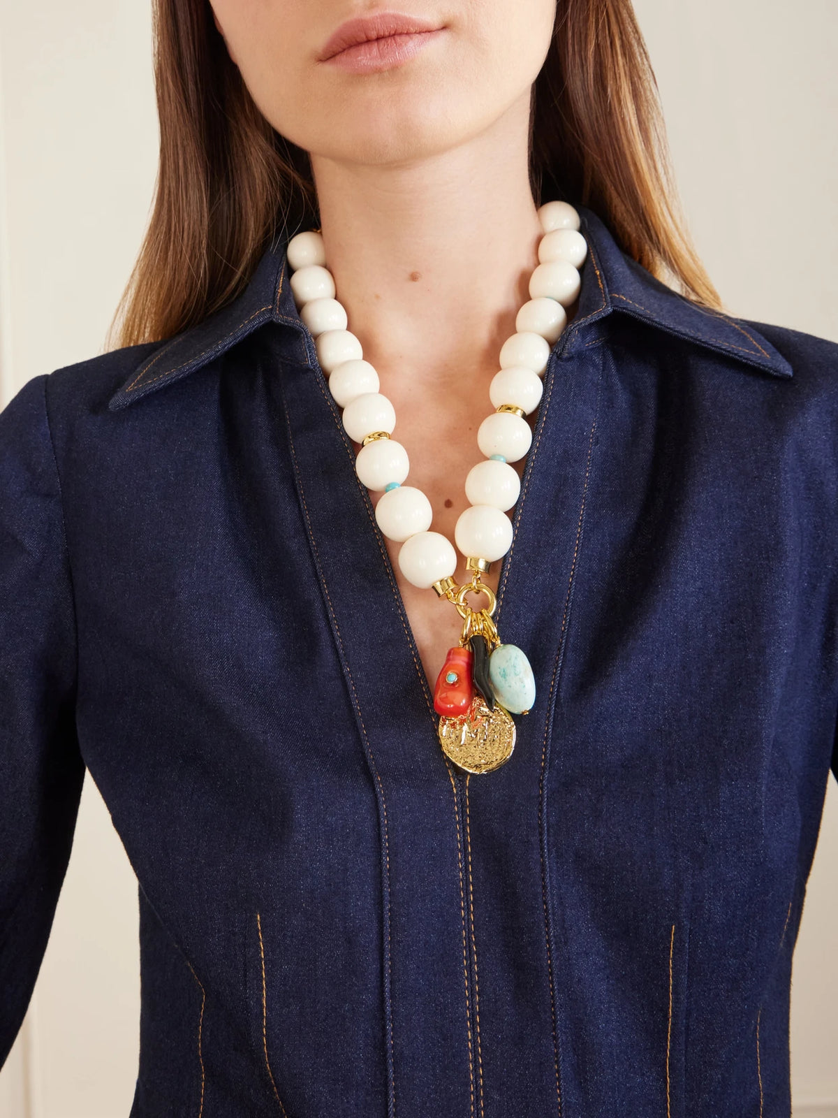 Image of Necklaces. Product name - Blanca Gold-tone, Turquoise And Agate Beaded Necklace in Multi colour by brand - Lizzie Fortunato