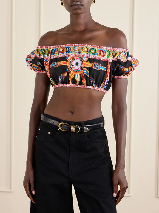 Carretto Off-the-shoulder Cropped Printed Cotton-poplin Top