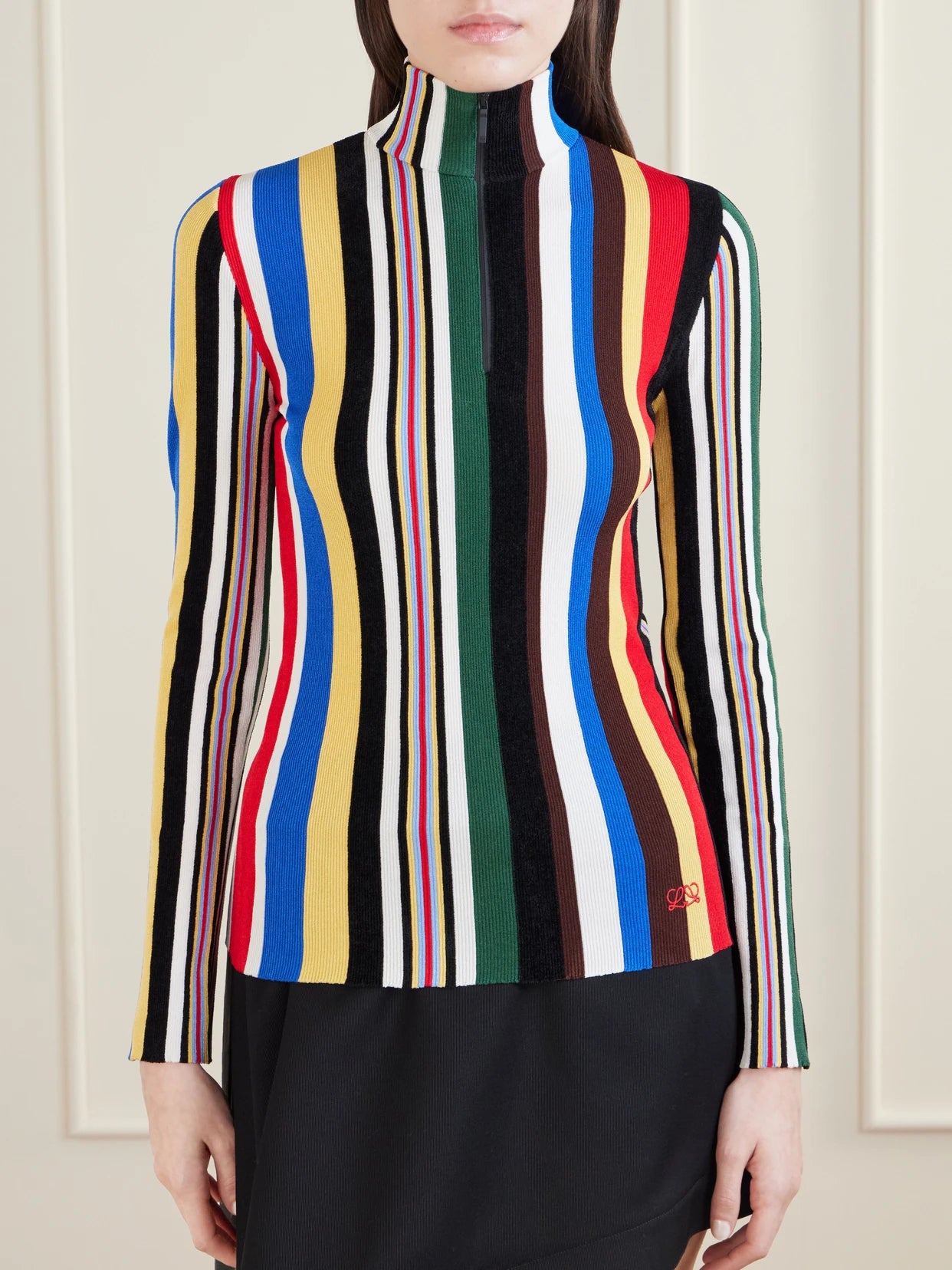 Striped Ribbed-knit Half-zip Turtleneck Top