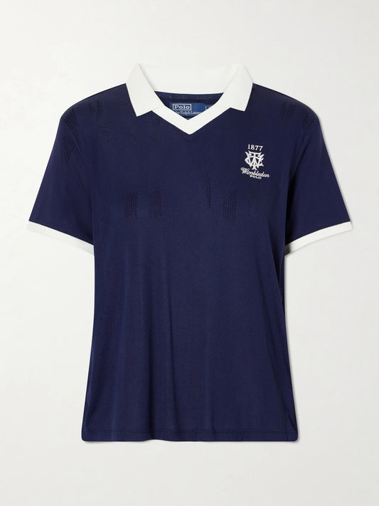 Image of a model wearing Outerwear. Product name - + Wimbledon Logo-embroidered Knit Polo Shirt in Navy colour by brand - Polo Ralph Lauren