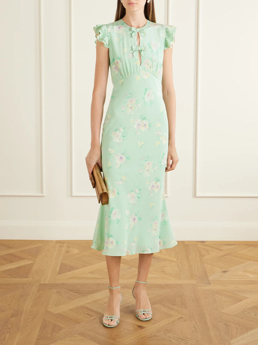 Image of Dresses. Product name - Floral-print Ruffle-trim Silk Midi Dress in Green colour by brand - Alessandra Rich