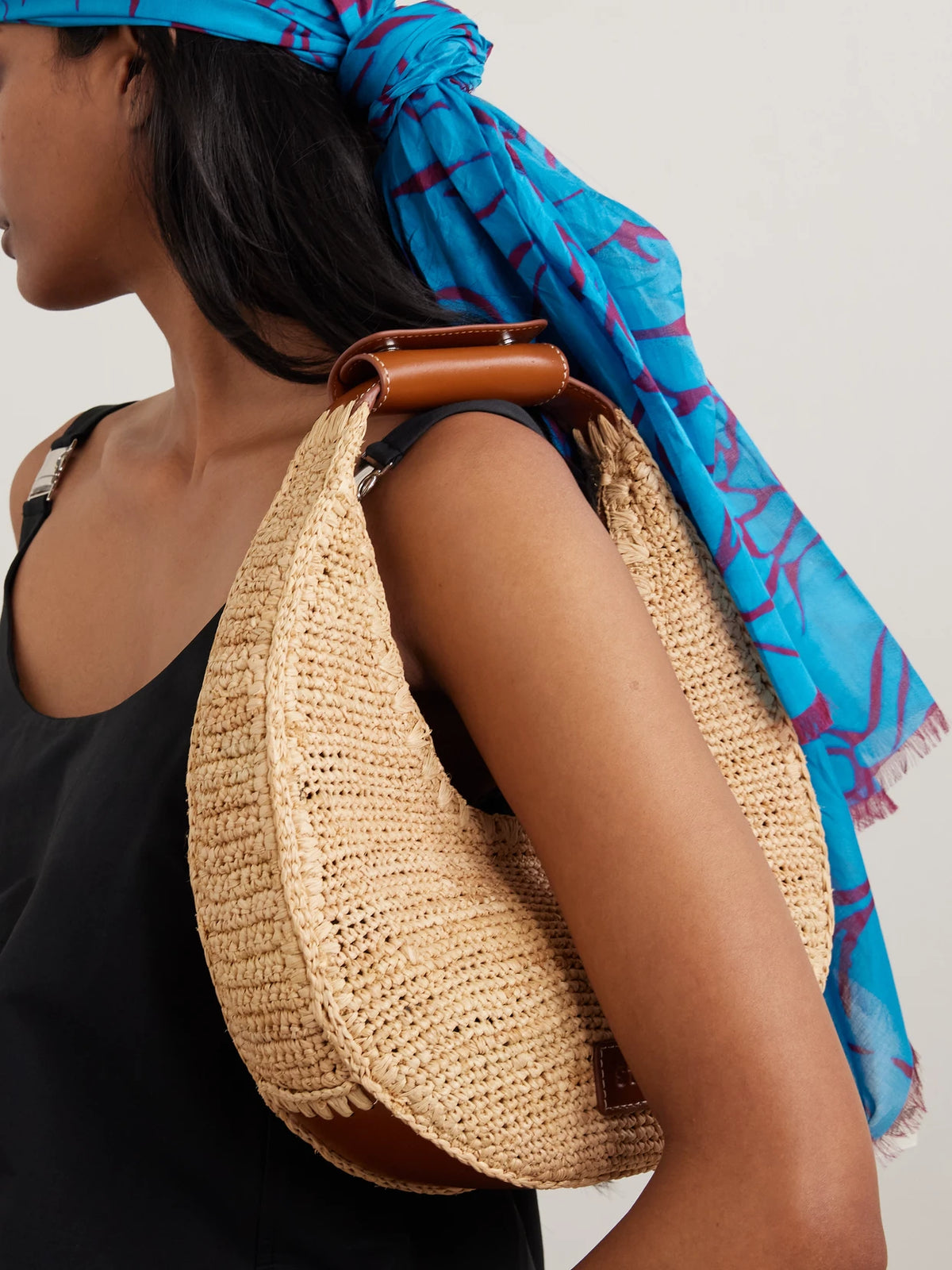 Image of Bags. Product name - Moon Leather-trimmed Raffia Tote in Neutral colour by brand - STAUD