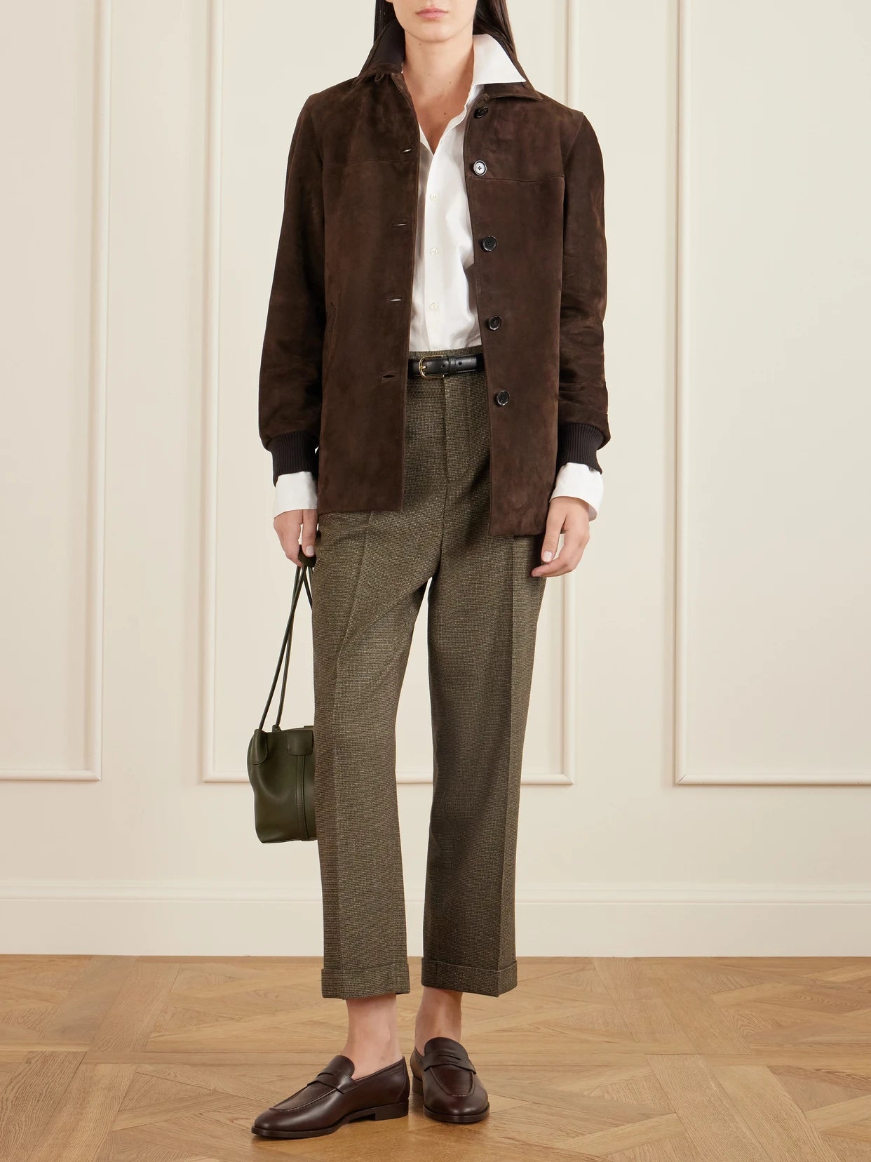 Image of a model wearing Pants. Product name - Louis Cropped Wool And Cashmere-blend Straight-leg Pants in Brown colour by brand - Loro Piana